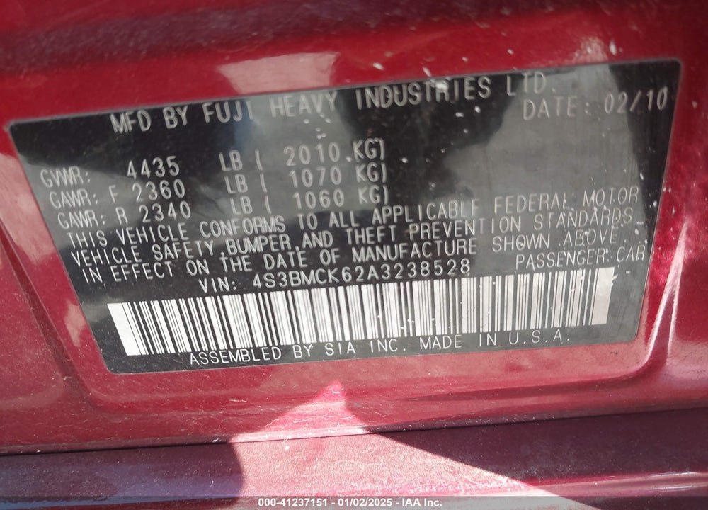2010 SUBARU LEGACY VIN: 4S3BMCK62A3238528