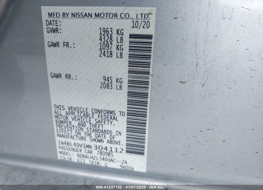2021 NISSAN ALTIMA VIN: 1N4BL4DV1MN304112