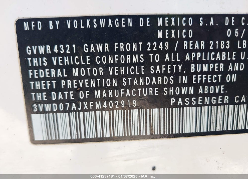 2015 VOLKSWAGEN JETTA 1.8T SE VIN: 3VWD07AJXFM402919