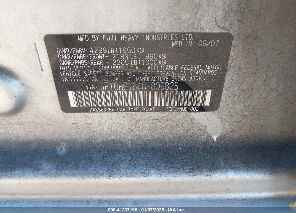 2008 SUBARU IMPREZA 2.5I VIN: JF1GH61648H809825