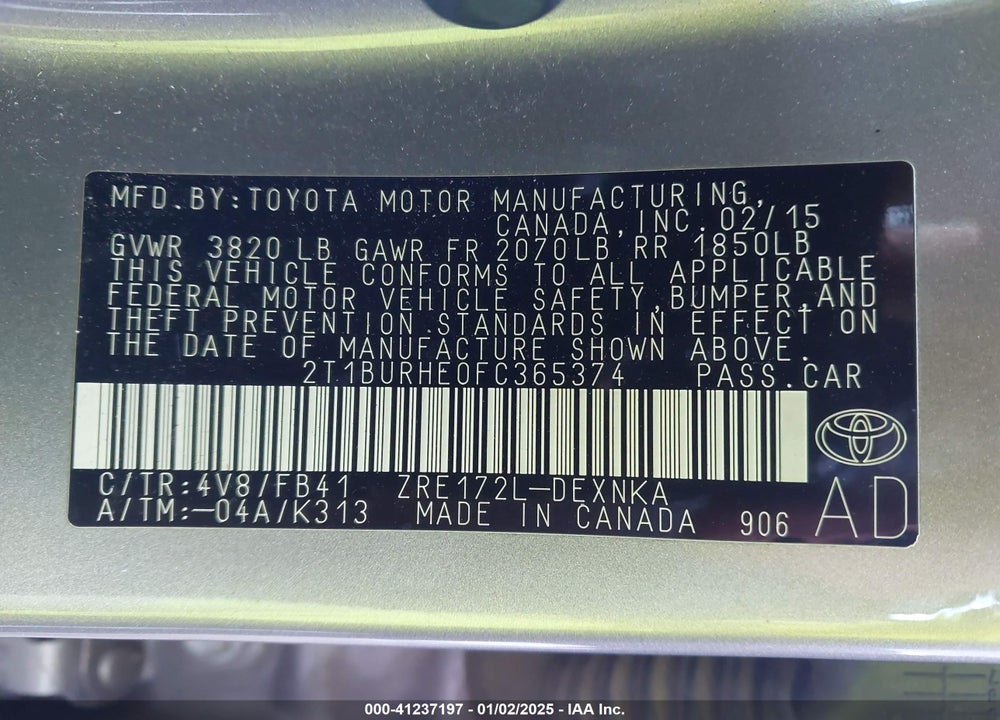 2015 TOYOTA COROLLA LE VIN: 2T1BURHE0FC365374