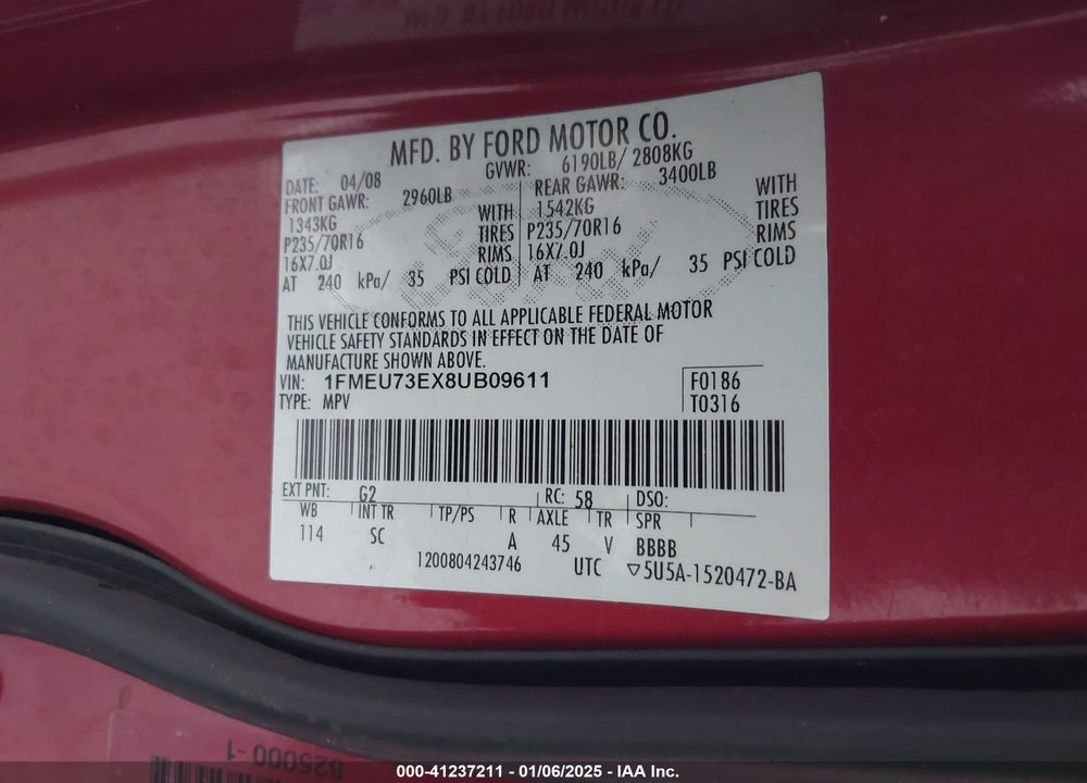 2008 FORD EXPLORER XLT VIN: 1FMEU73EX8UB09611
