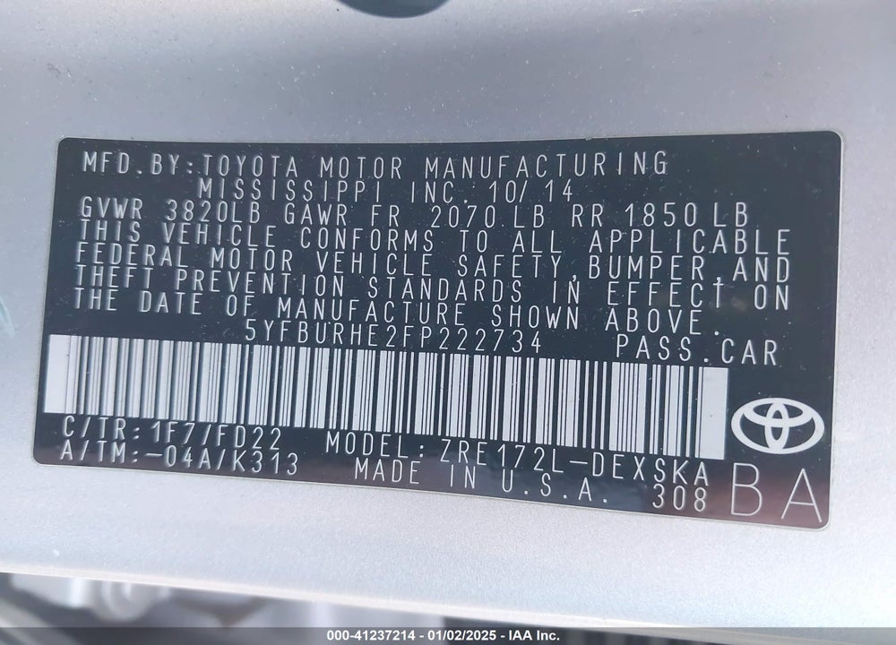 2015 TOYOTA COROLLA S PLUS VIN: 5YFBURHE2FP222734