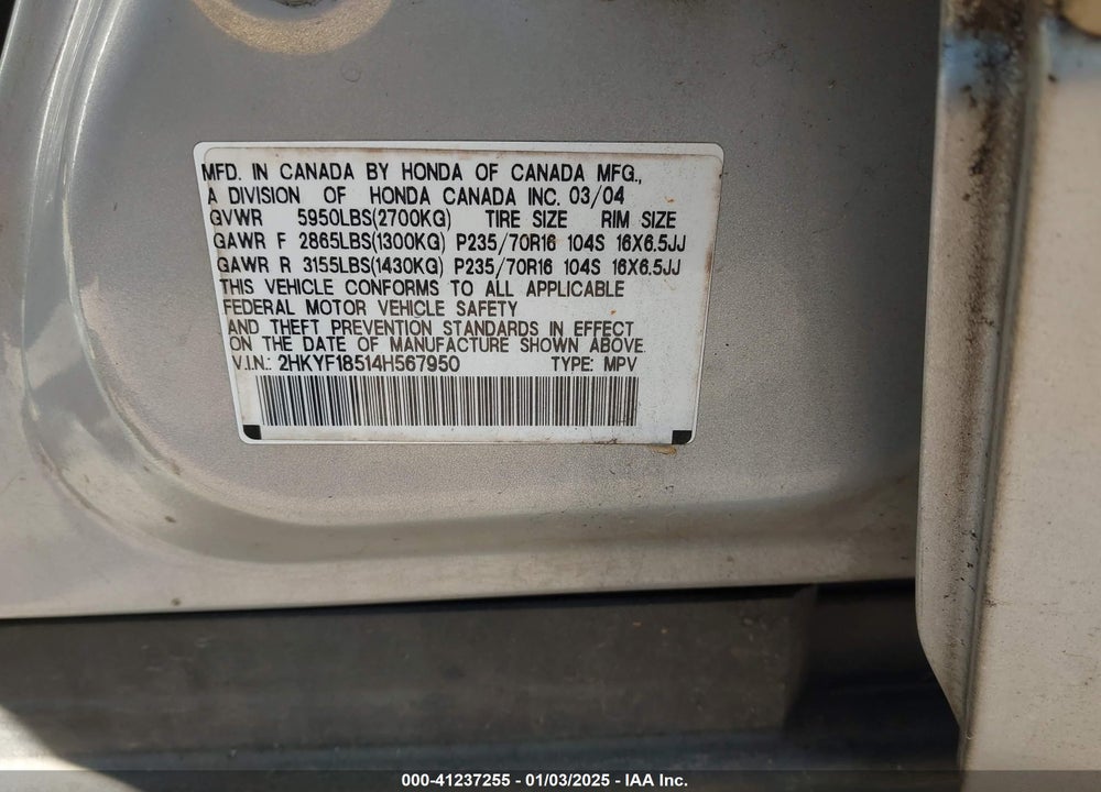 2004 HONDA PILOT EX-L VIN: 2HKYF18514H567950