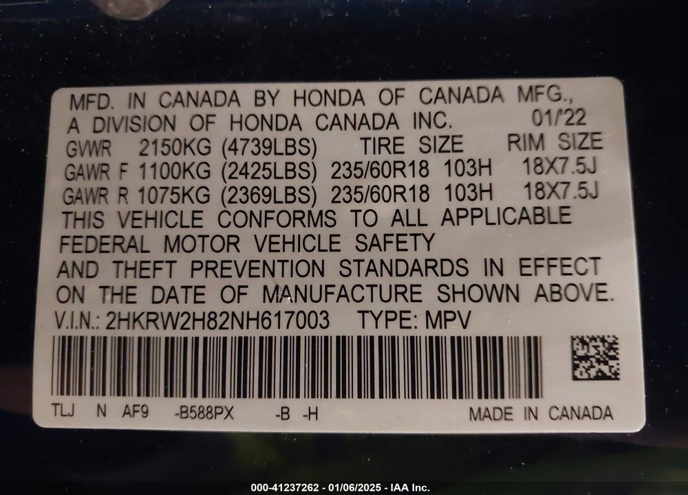 2022 HONDA CR-V AWD EX-L VIN: 2HKRW2H82NH617003