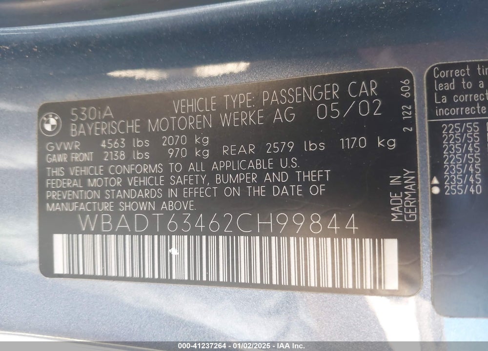 2002 BMW 530IA VIN: WBADT63462CH99844