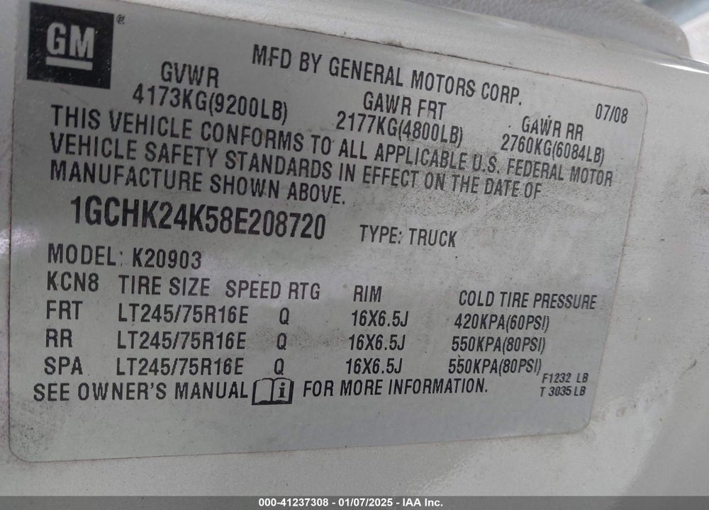 2008 CHEVROLET SILVERADO 2500HD WORK TRUCK VIN: 1GCHK24K58E208720
