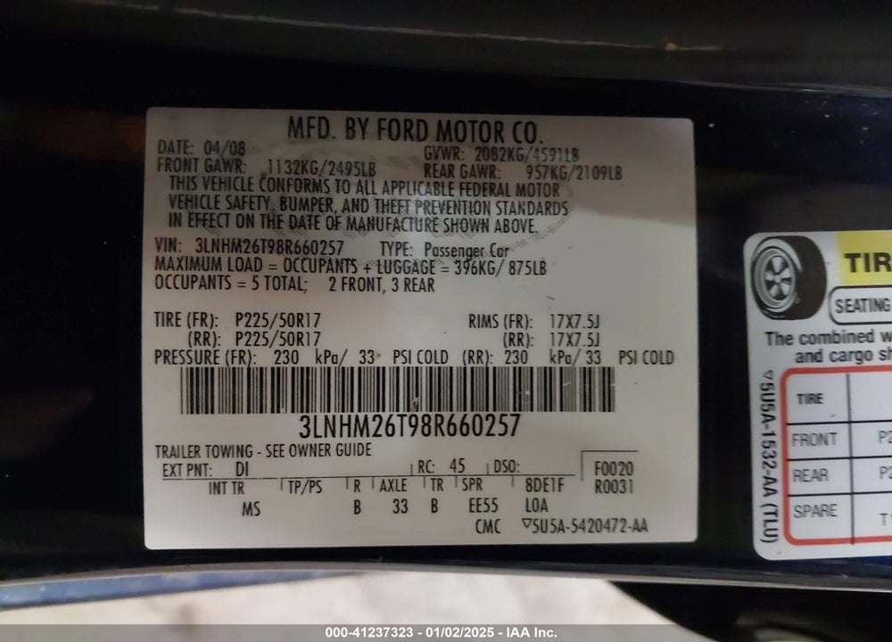 2008 LINCOLN MKZ VIN: 3LNHM26T98R660257