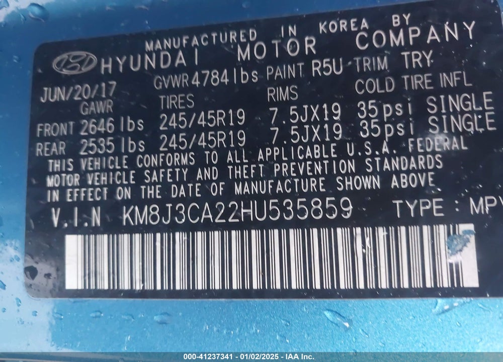 2017 HYUNDAI TUCSON LIMITED VIN: KM8J3CA22HU535859