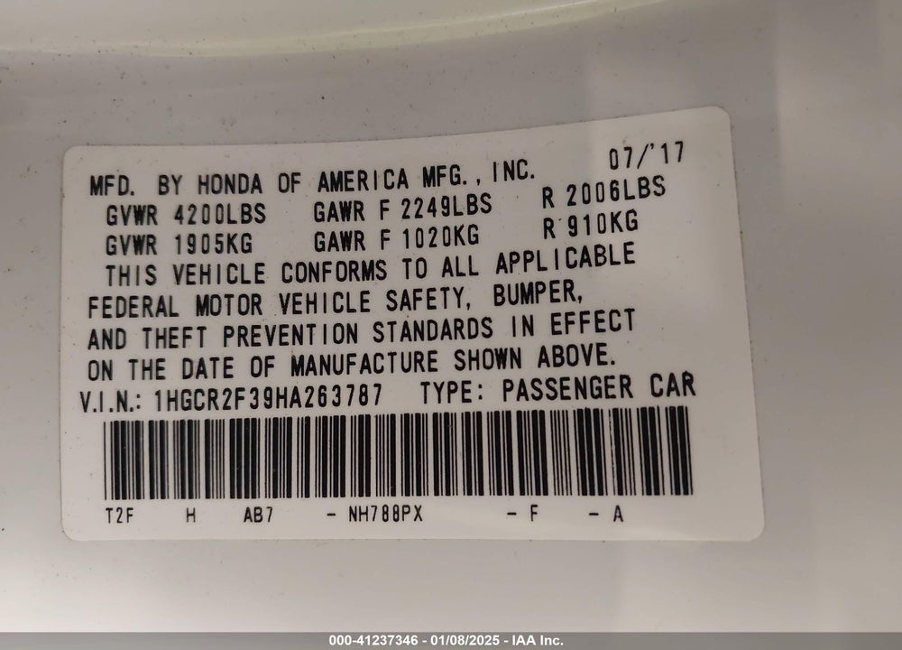 2017 HONDA ACCORD VIN: 1HGCR2F39HA263787