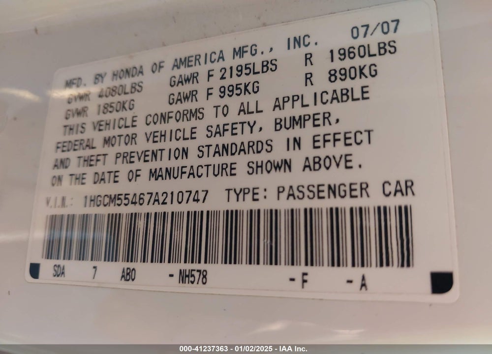 2007 HONDA ACCORD VIN: 1HGCM55467A210747