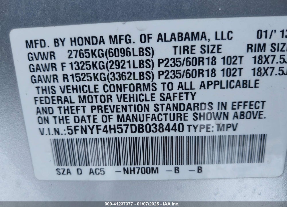 2013 HONDA PILOT VIN: 5FNYF4H57DB038440
