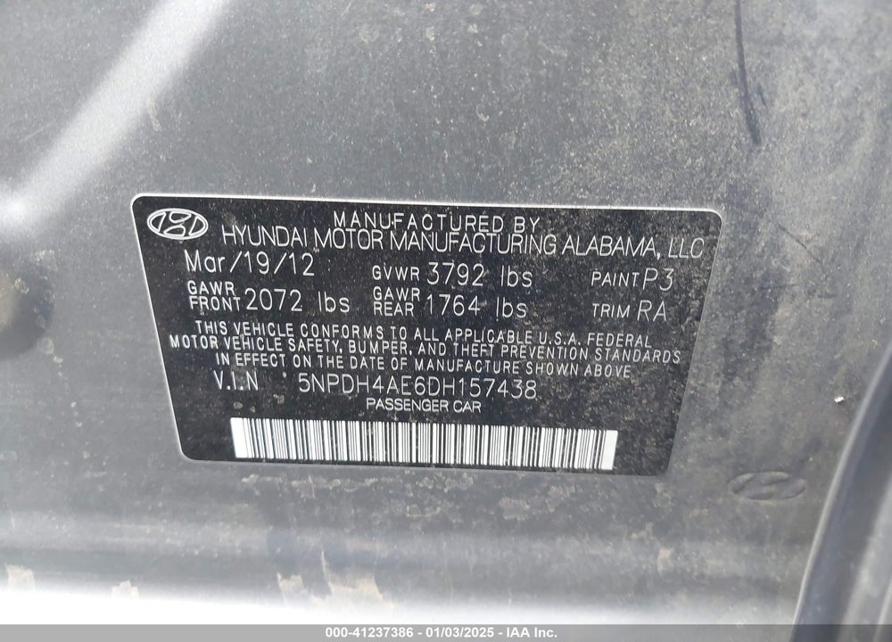 2013 HYUNDAI ELANTRA GLS VIN: 5NPDH4AE6DH157438