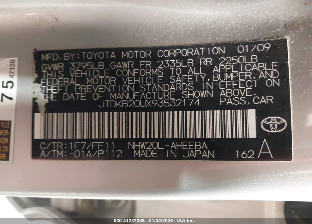 2009 TOYOTA PRIUS VIN: JTDKB20UX93532174