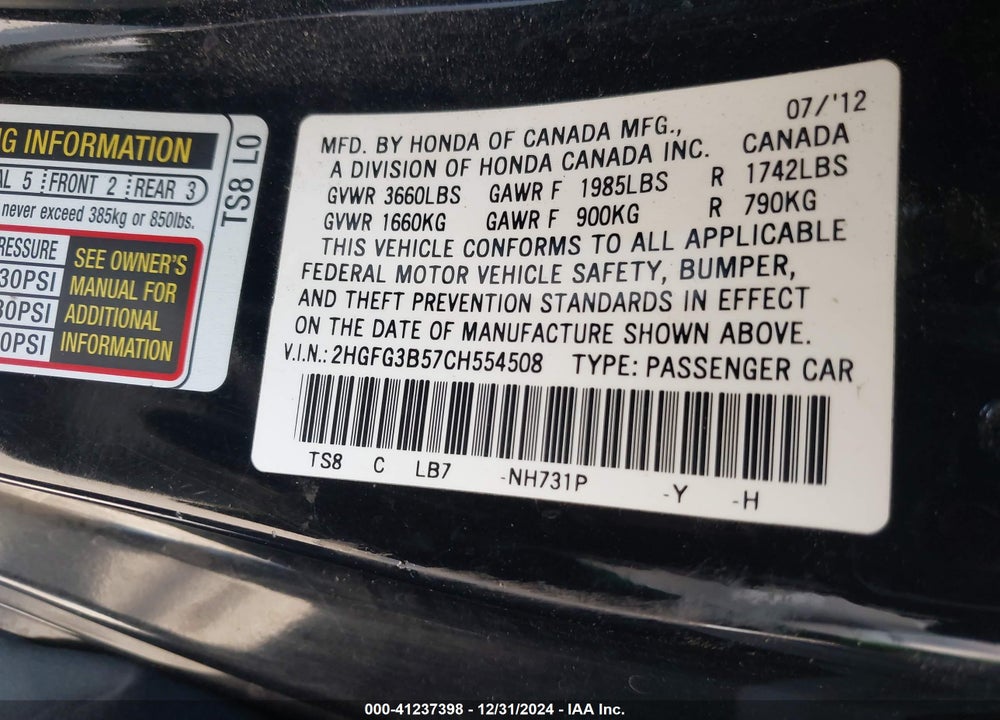 2012 HONDA CIVIC LX VIN: 2HGFG3B57CH554508