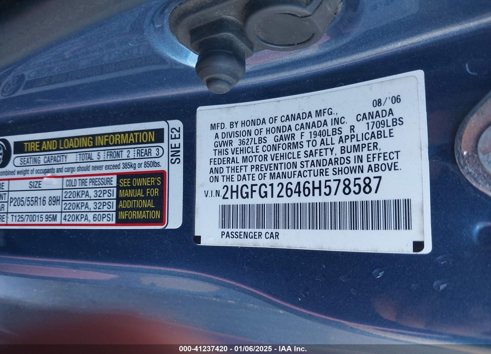 2006 HONDA CIVIC LX VIN: 2HGFG12646H578587
