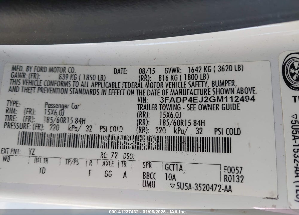 2016 FORD FIESTA VIN: 3FADP4EJ2GM112494