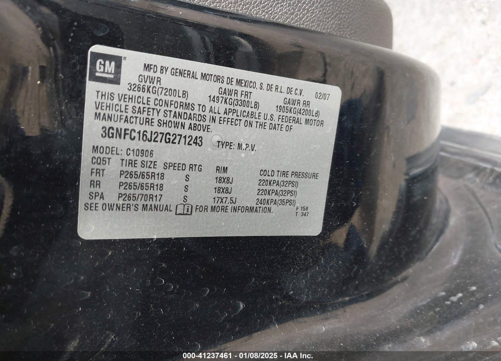 2007 CHEVROLET SUBURBAN 1500 LT VIN: 3GNFC16J27G271243
