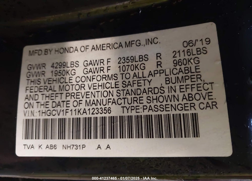 2019 HONDA ACCORD VIN: 1HGCV1F11KA123356