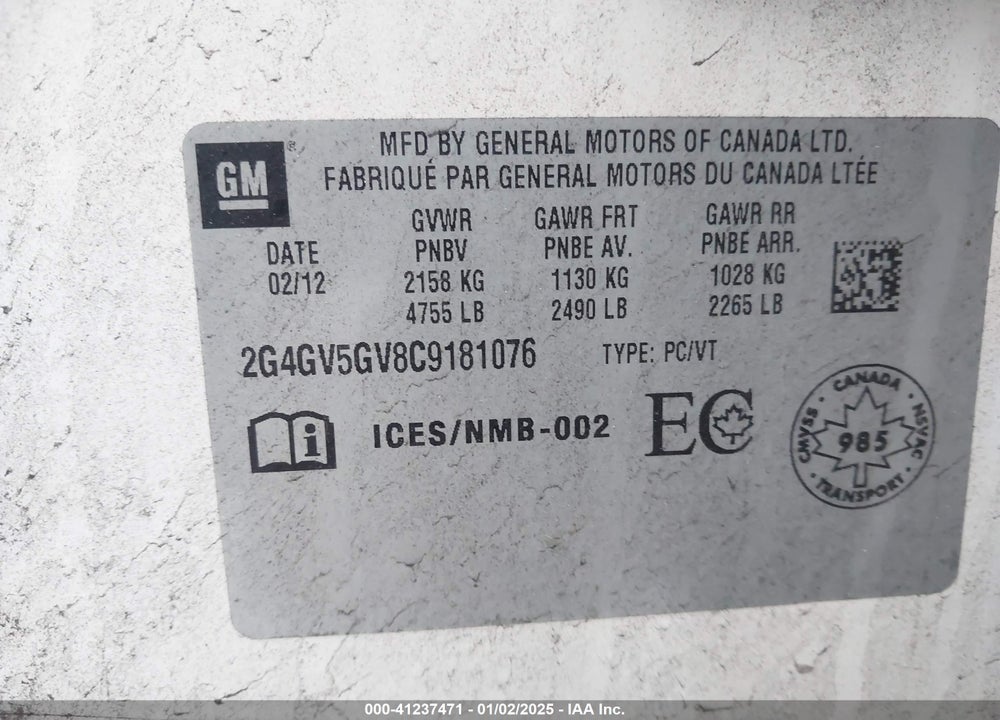 2012 BUICK REGAL VIN: 2G4GV5GV8C9181076