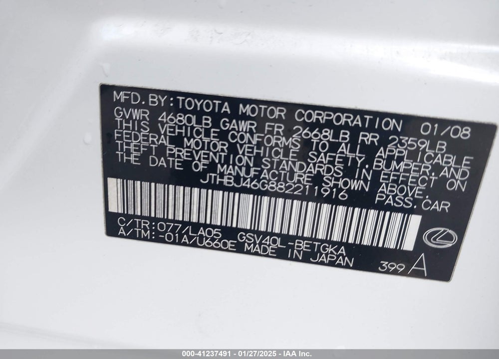 2008 LEXUS ES 350 VIN: JTHBJ46G882211916