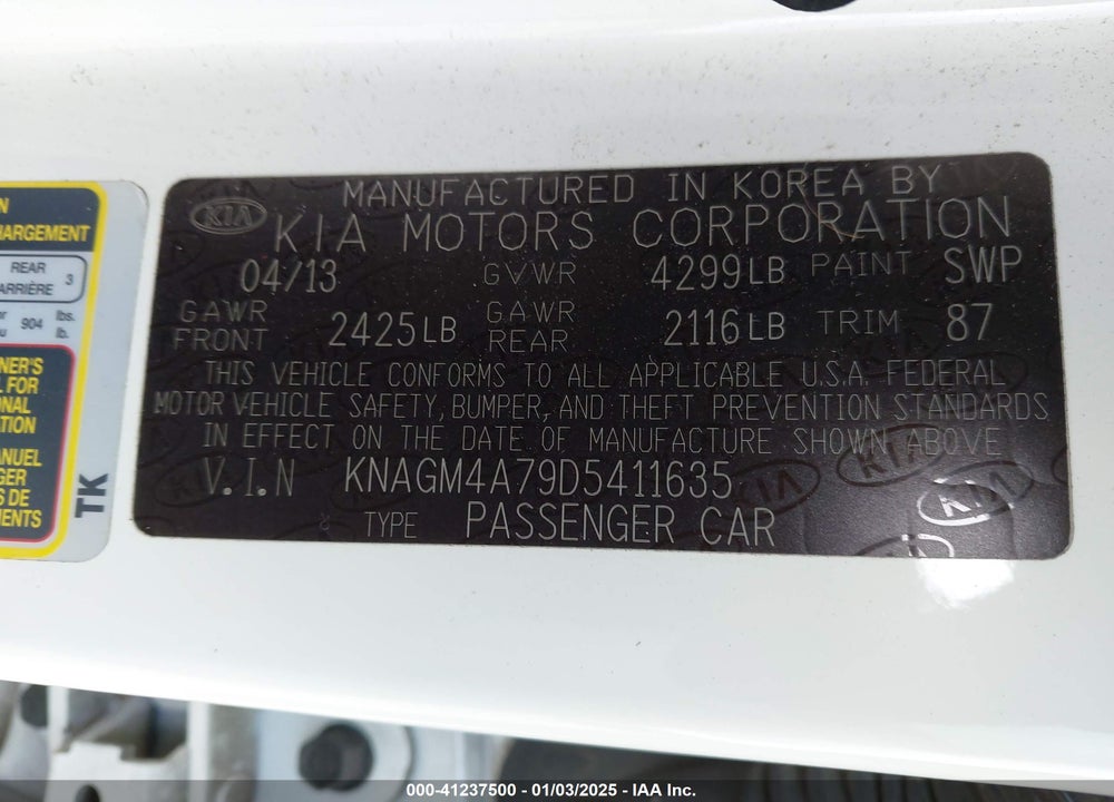 2013 KIA OPTIMA LX VIN: KNAGM4A79D5411635