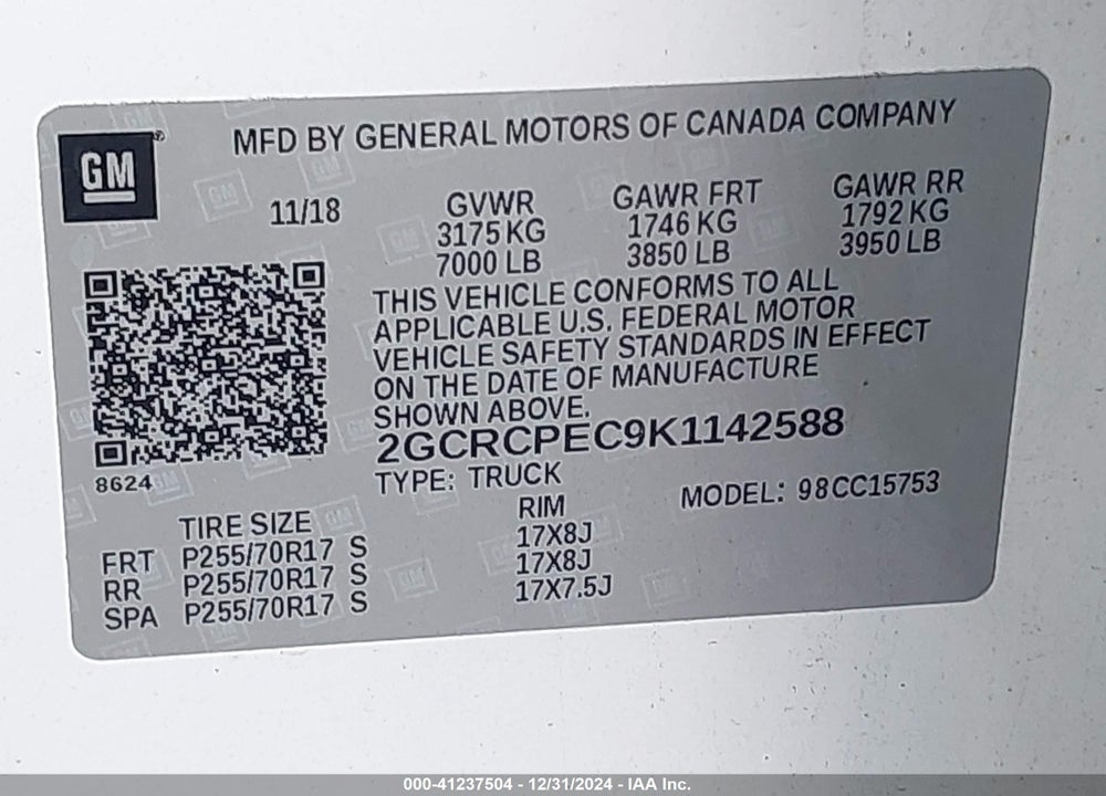 2019 CHEVROLET SILVERADO 1500 LD VIN: 2GCRCPEC9K1142588