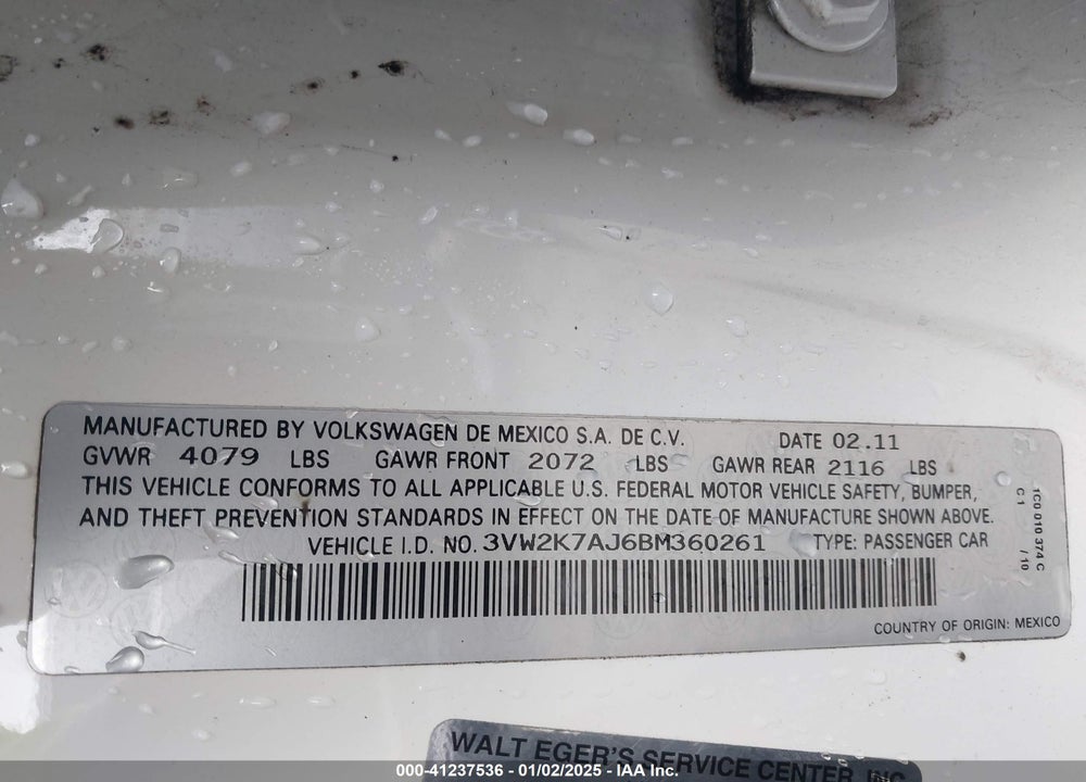 2011 VOLKSWAGEN JETTA 2.0L S VIN: 3VW2K7AJ6BM360261