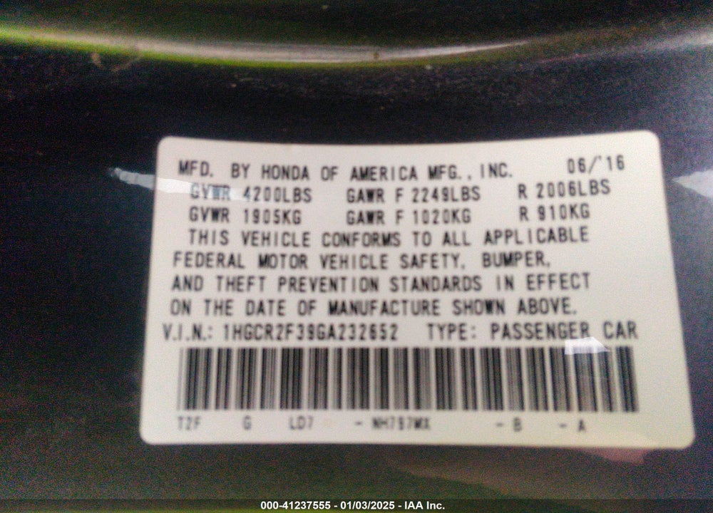2016 HONDA ACCORD VIN: 1HGCR2F39GA232652