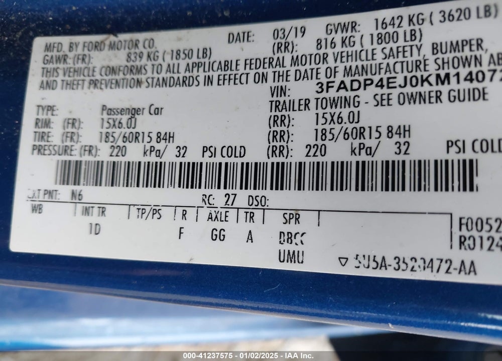 2019 FORD FIESTA SE VIN: 3FADP4EJ0KM140724
