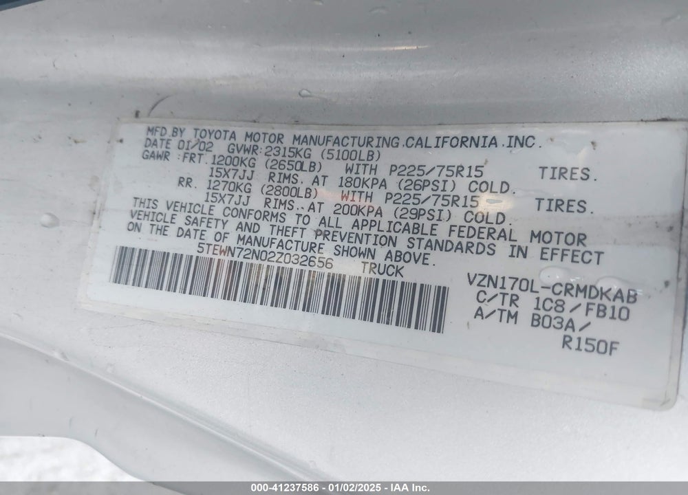 2002 TOYOTA TACOMA BASE V6 VIN: 5TEWN72N02Z032656