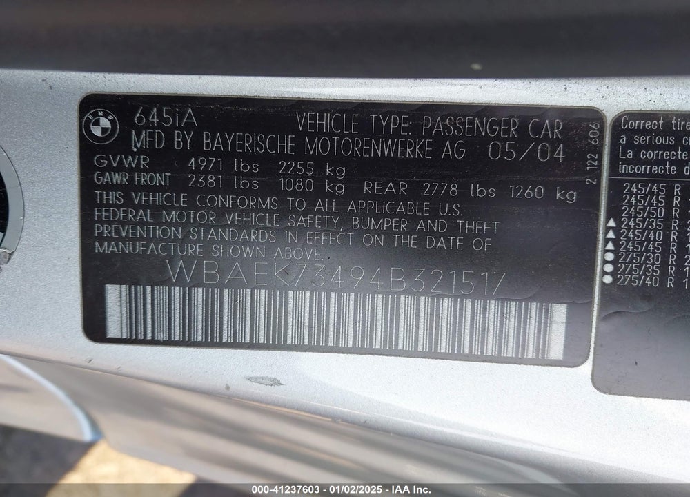 2004 BMW 645CI VIN: WBAEK73494B321517