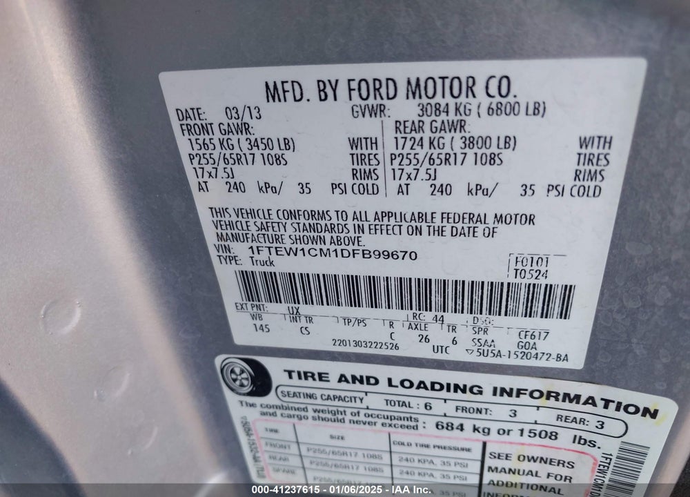 2013 FORD F-150 VIN: 1FTEW1CM1DFB99670
