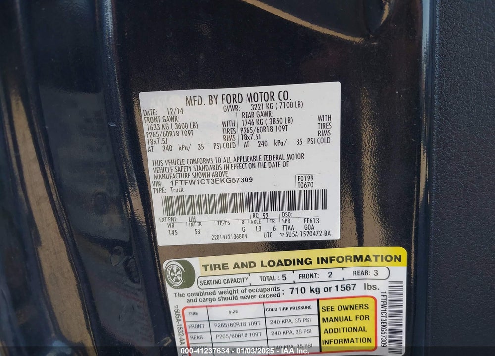 2014 FORD F-150 VIN: 1FTFW1CT3EKG57309