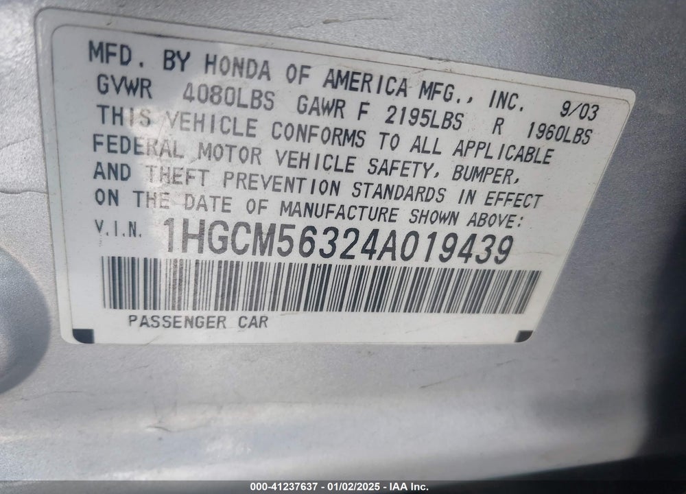 2004 HONDA ACCORD 2.4 LX VIN: 1HGCM56324A019439