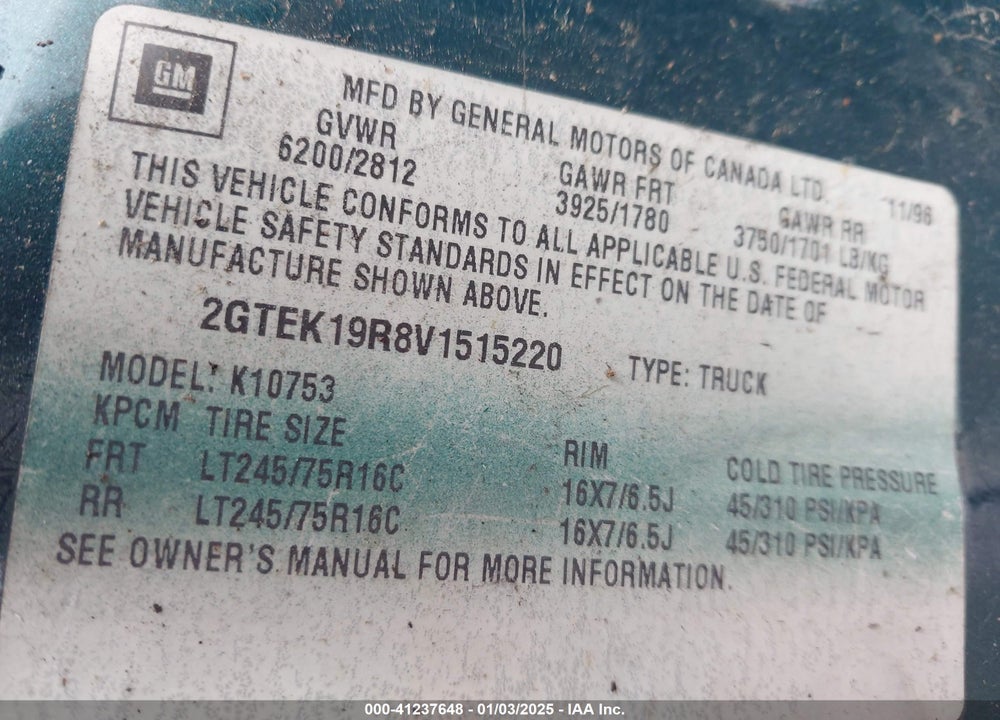 1997 GMC SIERRA 1500 SL WIDESIDE VIN: 2GTEK19R8V1515220
