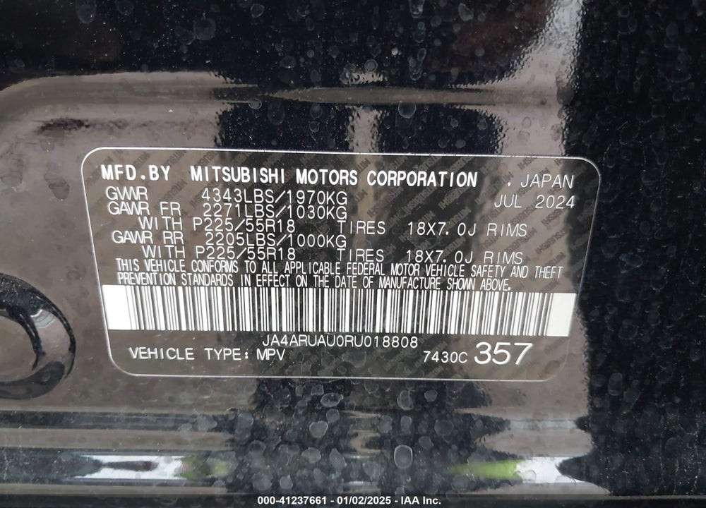2024 MITSUBISHI OUTLANDER SPORT 2.0 ES AWC/2.0 LE AWC/2.0 RALLIART AWC/2.0 S AWC/2.0 SE AWC VIN: JA4ARUAU0RU018808