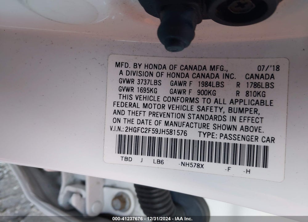 2018 HONDA CIVIC LX VIN: 2HGFC2F59JH581576