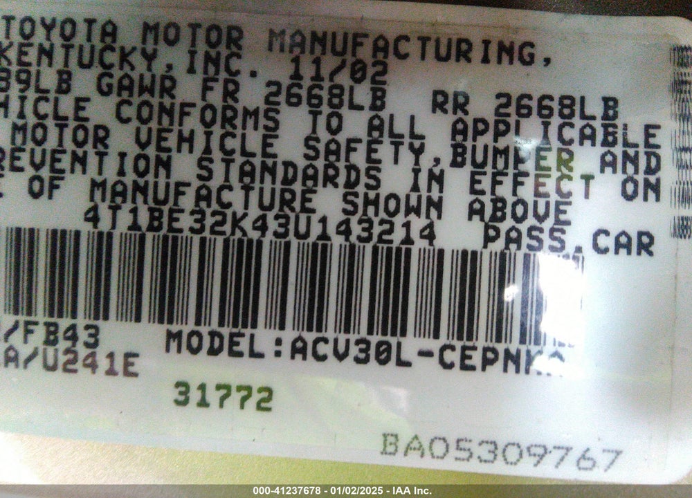 2003 TOYOTA CAMRY LE VIN: 4T1BE32K43U143214