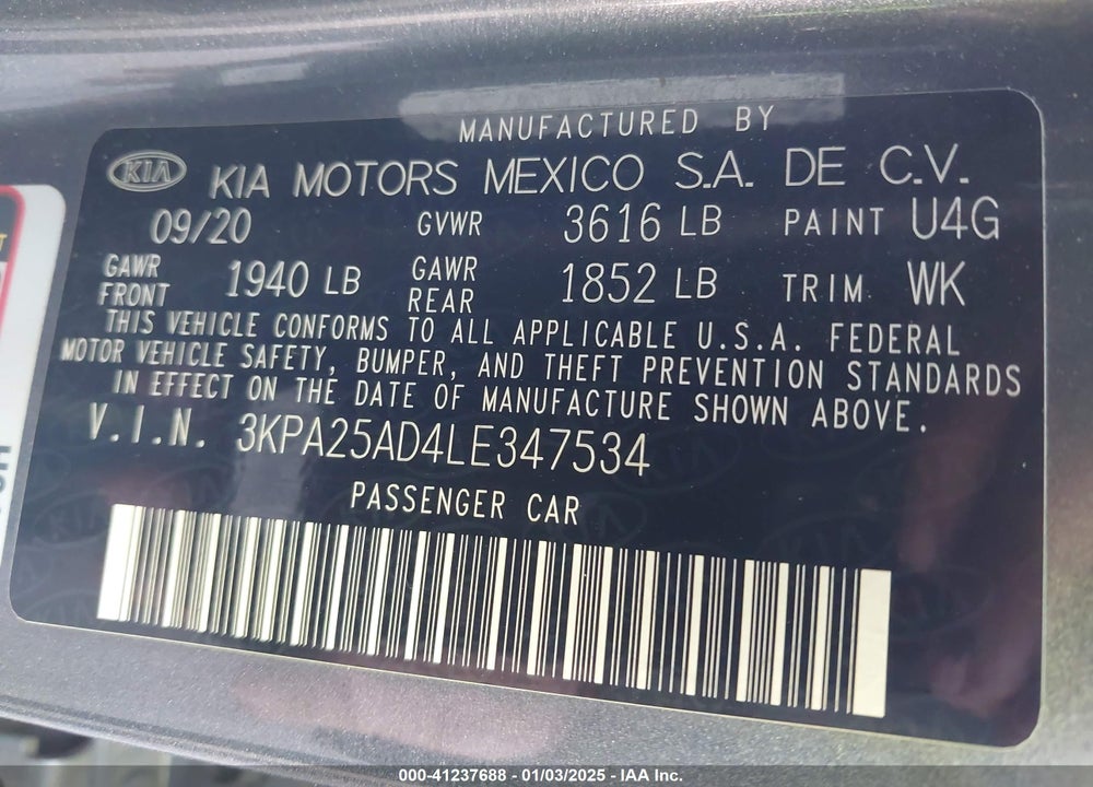 2020 KIA RIO VIN: 3KPA25AD4LE347534