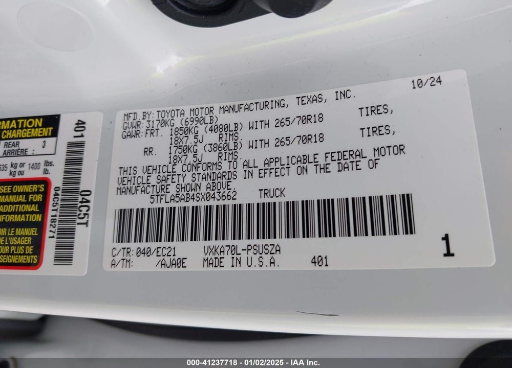 2025 TOYOTA TUNDRA VIN: 5TFLA5AB4SX043662