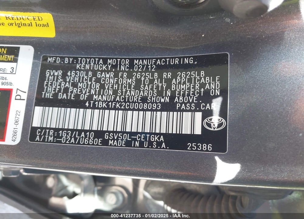 2012 TOYOTA CAMRY VIN: 4T1BK1FK2CU008093