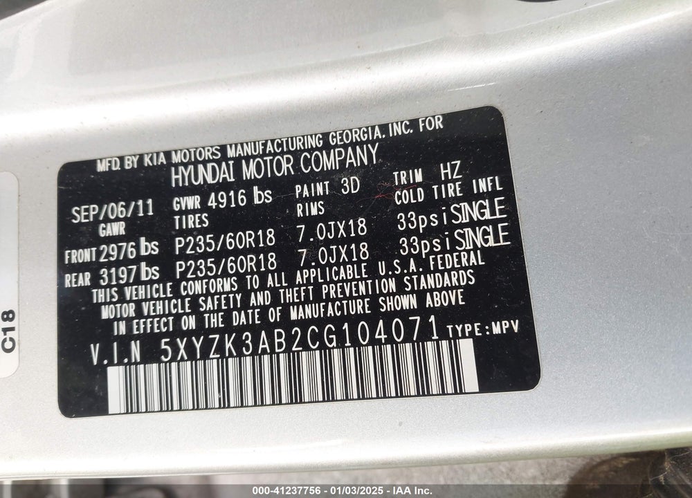 2012 HYUNDAI SANTA FE LIMITED VIN: 5XYZK3AB2CG104071