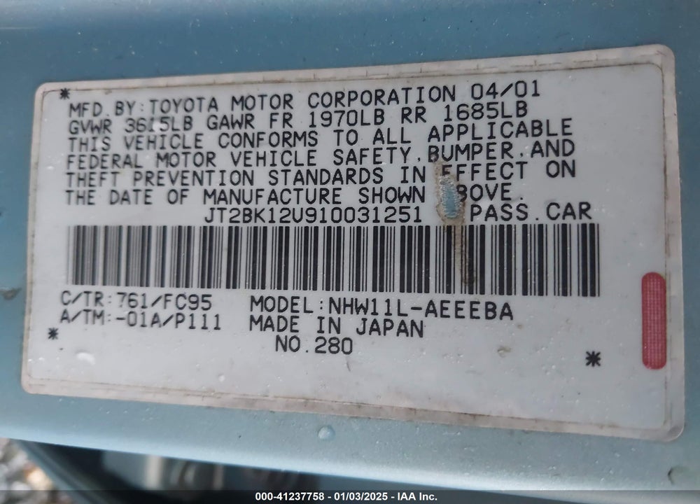 2001 TOYOTA PRIUS VIN: JT2BK12U910031251