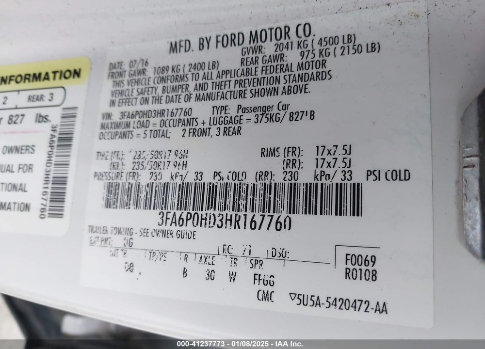 2017 FORD FUSION SE VIN: 3FA6P0HD3HR167760