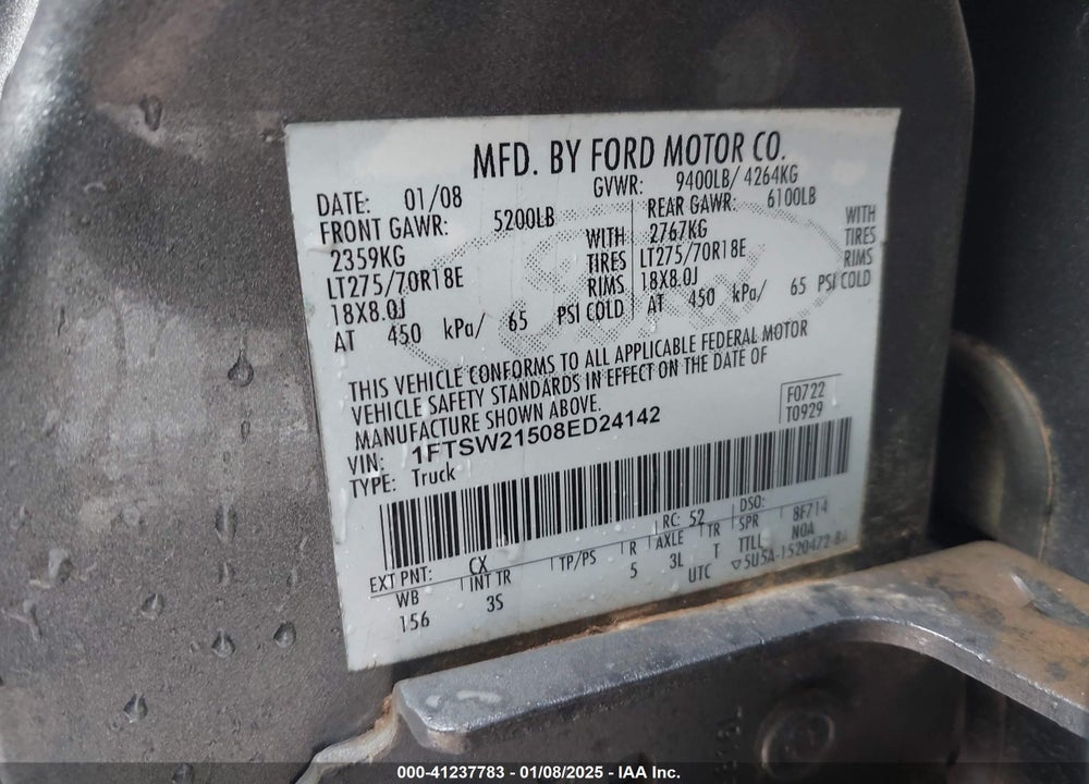 2008 FORD F-250 FX4/KING RANCH/LARIAT/XL/XLT VIN: 1FTSW21508ED24142
