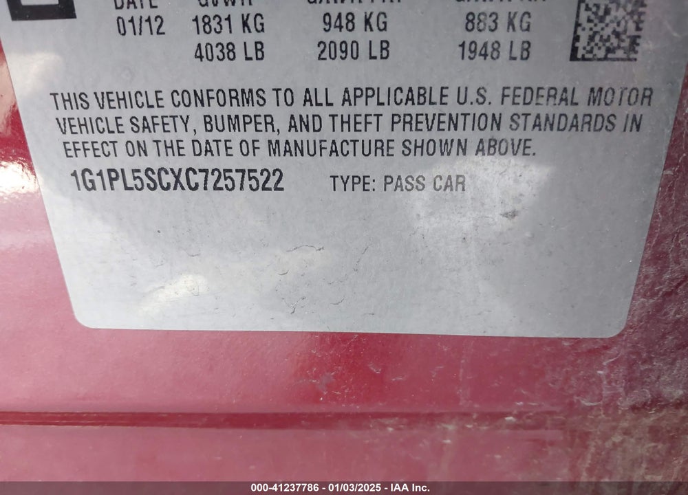 2012 CHEVROLET CRUZE VIN: 1G1PL5SCXC7257522