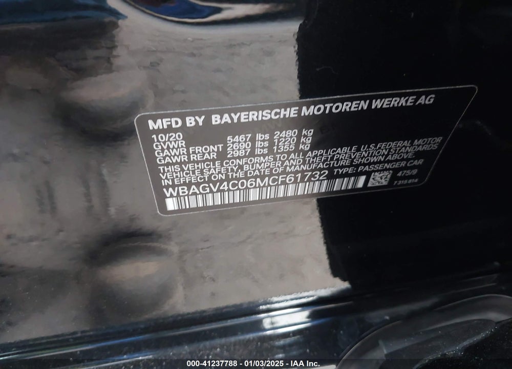 2021 BMW 840I GRAN COUPE XDRIVE VIN: WBAGV4C06MCF61732