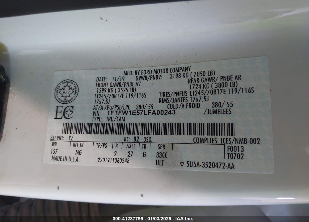 2020 FORD F-150 VIN: 1FTFW1E57LFA00243