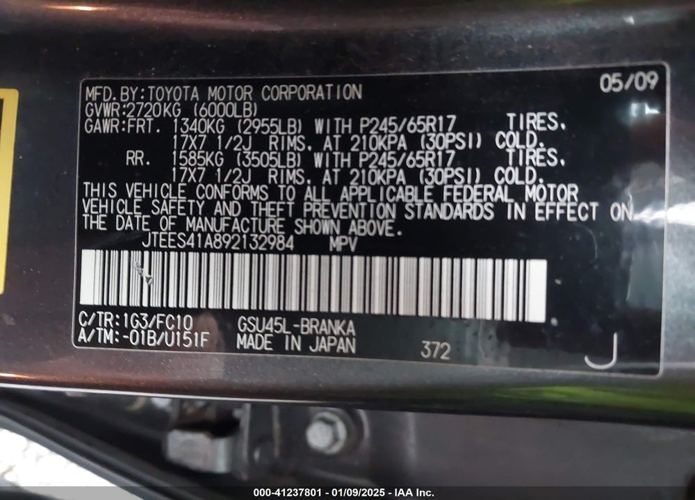 2009 TOYOTA HIGHLANDER VIN: JTEES41A892132984